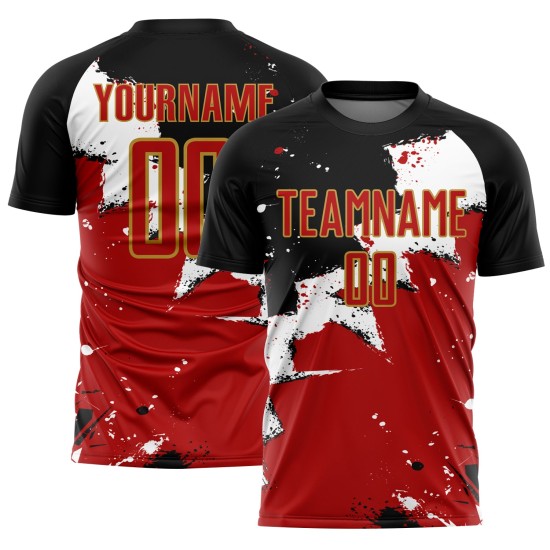 Custom Black Red-Old Gold Spalsh Sublimation Soccer Uniform Jersey Custom Black Red-Old Gold Spalsh Sublimation Soccer Uniform Jersey