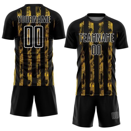 Custom Black Yellow-White Line Sublimation Soccer Uniform Jersey Custom Black Yellow-White Line Sublimation Soccer Uniform Jersey