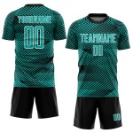 Custom Aqua Black-White Line Sublimation Soccer Uniform Jersey Custom Aqua Black-White Line Sublimation Soccer Uniform Jersey