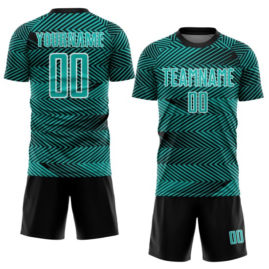 Custom Aqua Black-White Line Sublimation Soccer Uniform Jersey Custom Aqua Black-White Line Sublimation Soccer Uniform Jersey