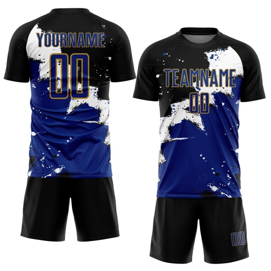 Custom Black Royal-Old Gold Spalsh Sublimation Soccer Uniform Jersey Custom Black Royal-Old Gold Spalsh Sublimation Soccer Uniform Jersey