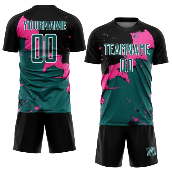 Custom Black Teal-Pink Spalsh Sublimation Soccer Uniform Jersey Custom Black Teal-Pink Spalsh Sublimation Soccer Uniform Jersey