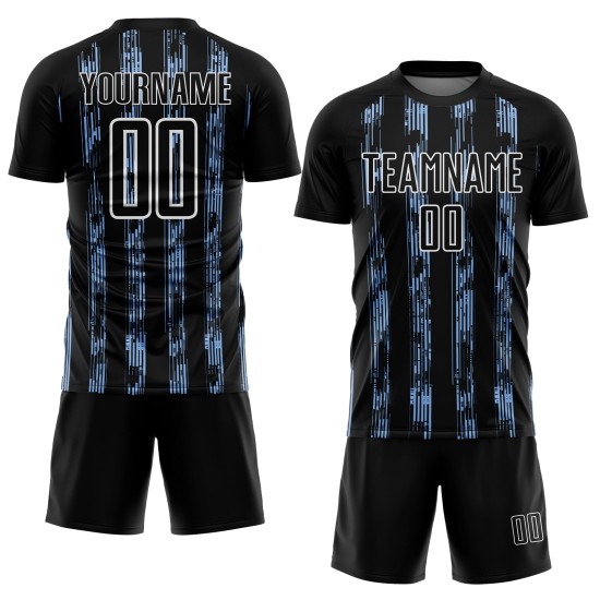 Custom Black Light Blue-White Line Sublimation Soccer Uniform Jersey Custom Black Light Blue-White Line Sublimation Soccer Uniform Jersey