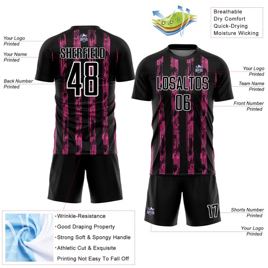 Custom Black Pink-White Line Sublimation Soccer Uniform Jersey Custom Black Pink-White Line Sublimation Soccer Uniform Jersey