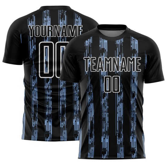 Custom Black Light Blue-White Line Sublimation Soccer Uniform Jersey Custom Black Light Blue-White Line Sublimation Soccer Uniform Jersey