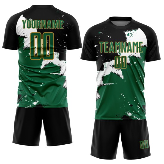 Custom Black Kelly Green-Old Gold Spalsh Sublimation Soccer Uniform Jersey Custom Black Kelly Green-Old Gold Spalsh Sublimation Soccer Uniform Jersey