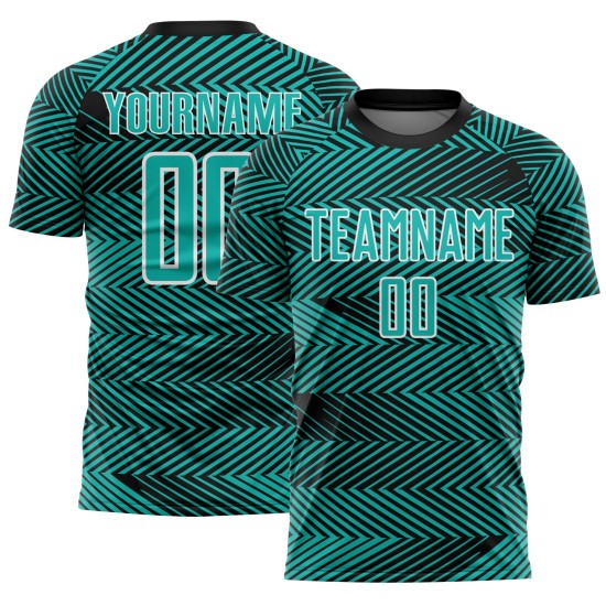 Custom Aqua Black-White Line Sublimation Soccer Uniform Jersey Custom Aqua Black-White Line Sublimation Soccer Uniform Jersey
