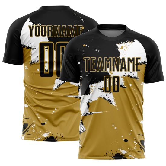 Custom Black White-Old Gold Spalsh Sublimation Soccer Uniform Jersey Custom Black White-Old Gold Spalsh Sublimation Soccer Uniform Jersey