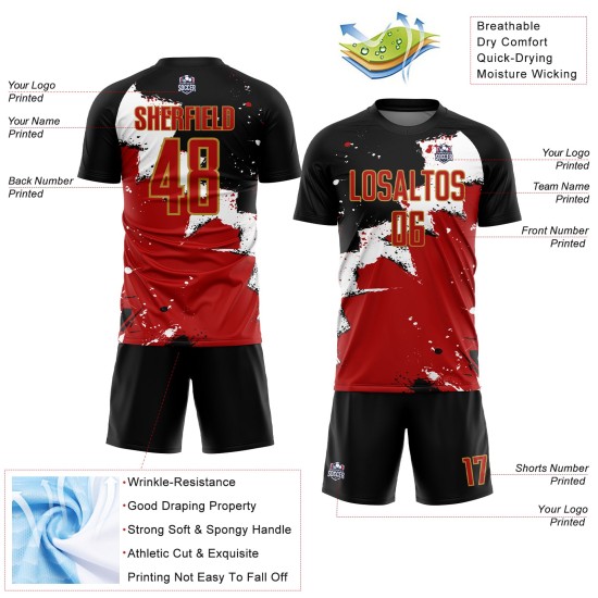 Custom Black Red-Old Gold Spalsh Sublimation Soccer Uniform Jersey Custom Black Red-Old Gold Spalsh Sublimation Soccer Uniform Jersey
