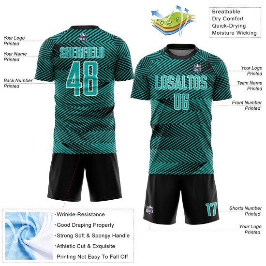 Custom Aqua Black-White Line Sublimation Soccer Uniform Jersey Custom Aqua Black-White Line Sublimation Soccer Uniform Jersey