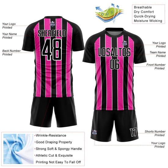 Custom Black Pink-White Line Sublimation Soccer Uniform Jersey Custom Black Pink-White Line Sublimation Soccer Uniform Jersey