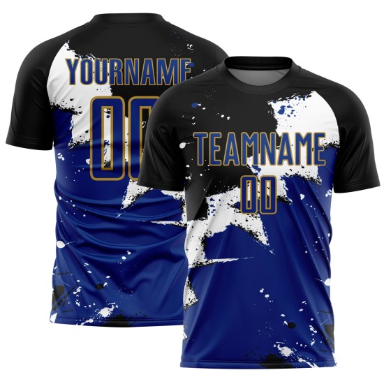 Custom Black Royal-Old Gold Spalsh Sublimation Soccer Uniform Jersey Custom Black Royal-Old Gold Spalsh Sublimation Soccer Uniform Jersey