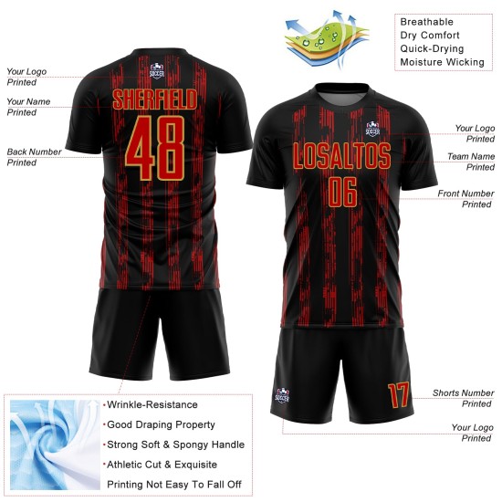 Custom Black Red-Old Gold Line Sublimation Soccer Uniform Jersey Custom Black Red-Old Gold Line Sublimation Soccer Uniform Jersey