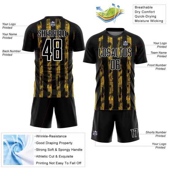 Custom Black Yellow-White Line Sublimation Soccer Uniform Jersey Custom Black Yellow-White Line Sublimation Soccer Uniform Jersey